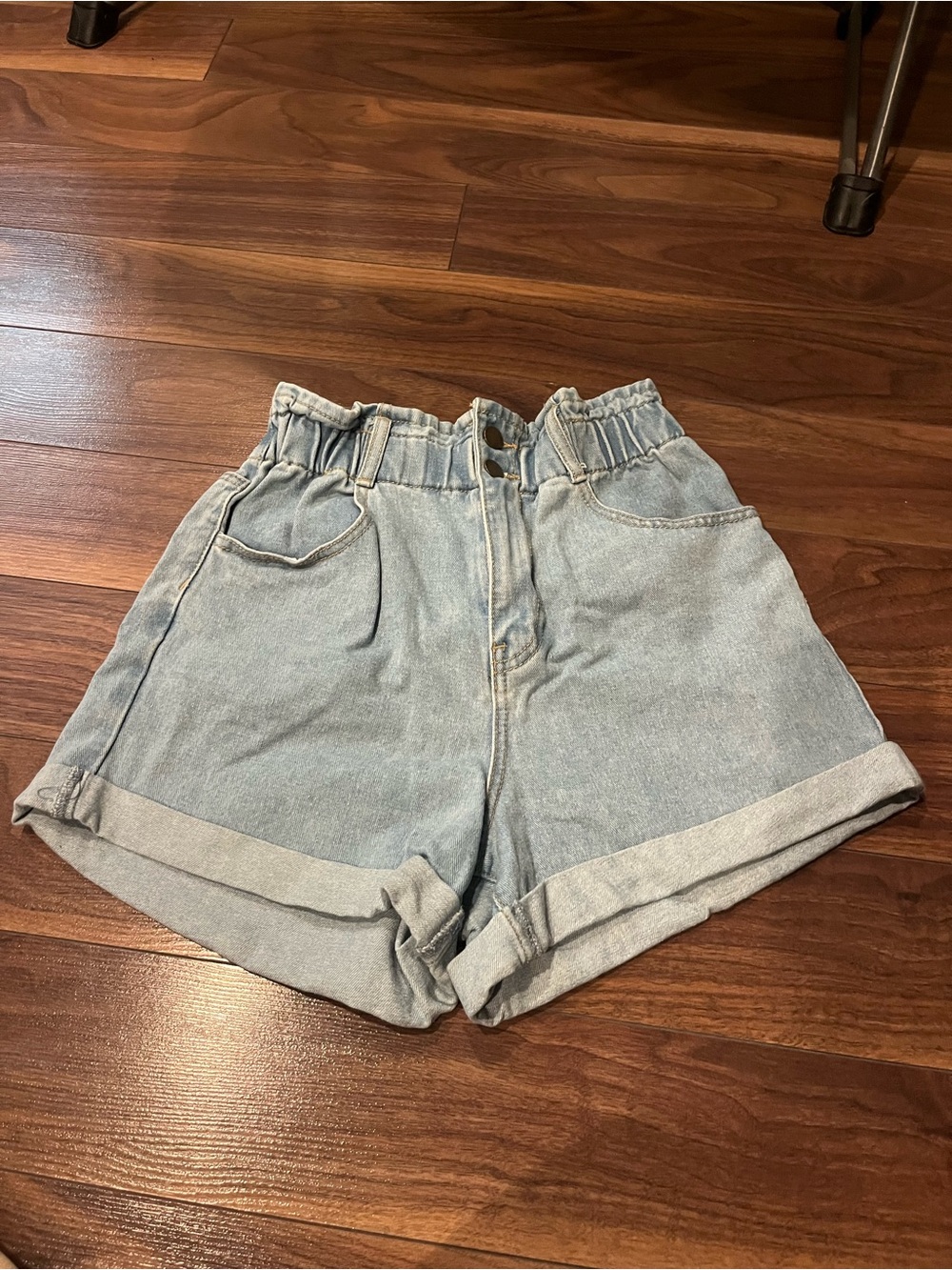 High-Waist Paperbag Light Blue Denim Shorts Comfortable Stretchy Waistband